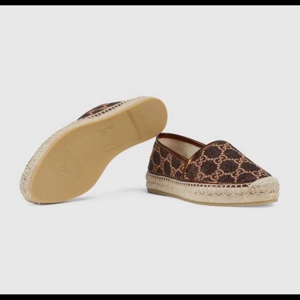 Authentic Gucci WOMEN'S HERITAGE GG LAMÉ ESPADRILLE IN BROWN size 5